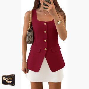 Sleeveless Blazer Vest Square Neck Button Down Work Business Casual